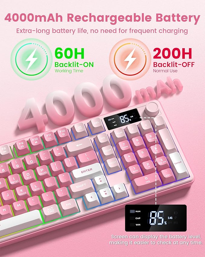 Keymatic Gaming Keyboard Wireless Creamy Keyboard with Media Knob &amp Screen Cute Keyboard Mechanical Feeling Membrane Keyboard with Number Pad RGB Backlit Tri-Mode BT/2.4GHz/USB-C - Pink