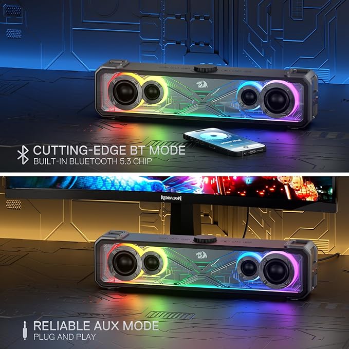 Redragon GS817 RGB Desktop Soundbar 2.0 Channel Stereo Speakers for Desktop w/Massive 30W Max Power Touch-Control Bluetooth 5.3 &amp 3.5mm AUX Inputs Black