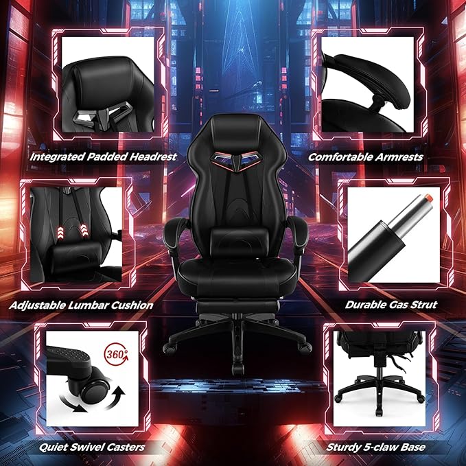 COSTWAY Gaming Chair Ergonomic Adjustable Racing Video Game Chair w/Retractable Footrest Padded Headrest &amp Lumbar Support High Back Reclining Home Office Computer Gamer Chair for Adults (Black)