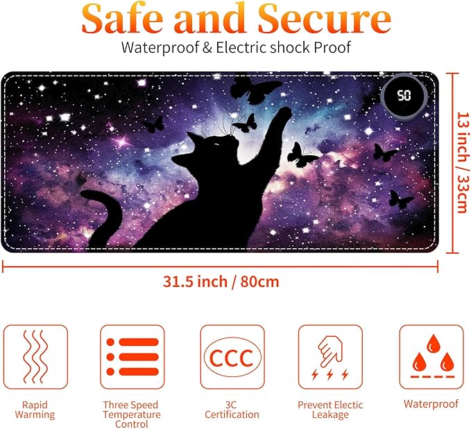 Heated Mouse Pad with 3 Heating Modes &amp 3 Hours Auto Shut31.5x 13 Fast Heating Desk MatPU Leather Office Desk MatAstral Cat