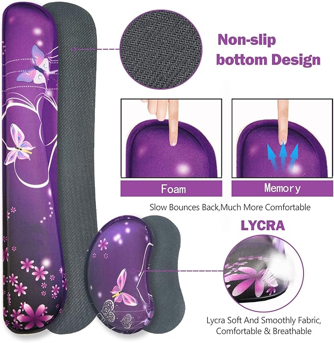 ARTSO Large Gaming Mouse Pad Keyboard Wrist Rest Pad &amp Wrist Support Mousepad Set Stitched Edge Extended Non-Slip Base Memory Foam Desk Mat for Office Home Purple Heart Butterfly