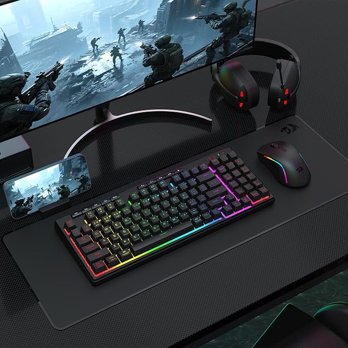Redragon S156 Wireless Keyboard and Mouse with Tri-Mode Mechanical Feel Keyboard and 4800 DPI 61G Ultra-Light Gaming Mouse RGB Backlit 4 Macro Keys Long Battery Life for PC Mac Ideal for Gamer
