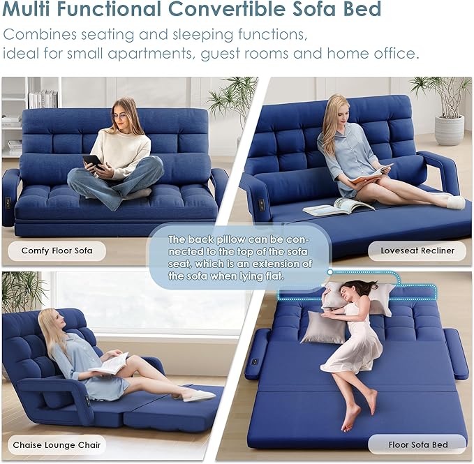STHOUYN Comfy Bedroom Chair with 2 USB Charging Ports 5-Position Floor Couch Gaming Chairs for Adults Lounge Chair Indoor Folding Lazy Sofa Meditation Arm Dorm Chair Living Room (Navy Blue)