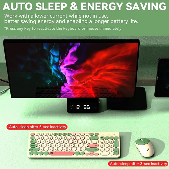 FD Wireless Keyboards and Mouse Combo - 2.4GHz USB Cordless Cute Wireless Keyboard Round Keys Quiet and Slim Set for Laptop Computer TV and Mac - Milky White Green Colorful