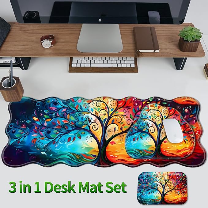 3-Piece Ergonomic Desk Mat &amp Cloud Wrist Rest Set Large 31.5 x 11.8 Wave Office Desk Pad with Memory Foam Support Non-Slip Computer Protector for Home Gaming &amp Writing Blue Red Trees