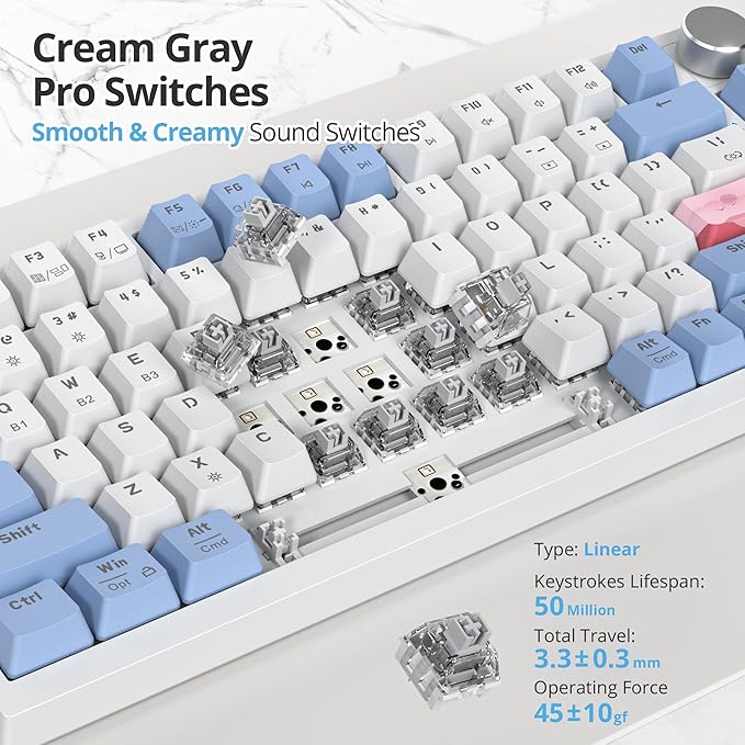 75% Wireless Creamy Pink Mechanical Keyboard Hot Swappable Custom Keyboard RGB Backlit Gasket Gaming Keyboard 2.4G/BT5.0/USB-C Mechanical Keyboard Pre-lubed Linear Gray Cream Switches