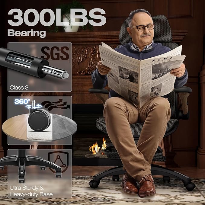 ELABEST X100 Ergonomic Office Chair with Footrest Big and Tall Home Desk Chair with 5D Flip-Up Arms Adjustable 3D Lumbar SupportHigh Back Rolling Computer Chair Swivel Mesh Chairs (Library Oak)