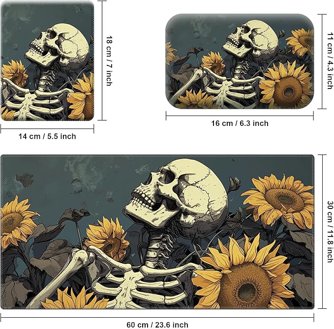 Ergonomic Desk Pad Mat &amp Keyboard Wrist Rest Set 3-in-1 Office Mouse Pad with Memory Foam Support Non-Slip Computer Blotter for Home Gaming &amp Writing 23.6 x 11.8 Sunflower Skull