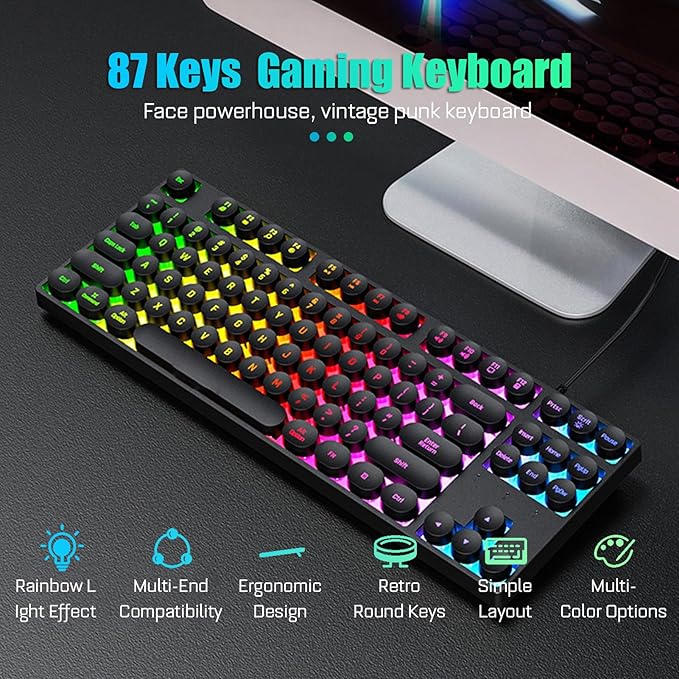 87 Keys Typewriter Mechanical Gaming Keyboard Colorful Backlit Retro Punk Round Keycaps Keyboard Anti Ghosting Hot Swap USB Wired Keyboards for Gamers Typists (Black)