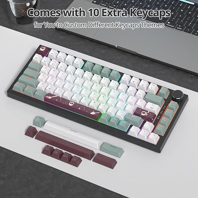 75% Green Mechanical Gaming Keyboard Hot Swappable RGB Custom Keyboard with Knob Gasket Mount Wired TKL Red Switch Keyboard 75 Percent Creamy Mechanical Keyboard (82 Green White)