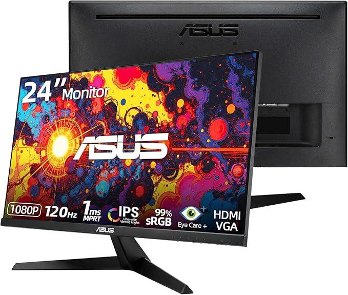 ASUS 24 FHD IPS Gaming Monitor 1080P Display 120Hz 1ms FreeSync Built-in Speakers Eye Care Plus Technology VESA Mountable TUV Certified Low Blue Light HDMI VGA