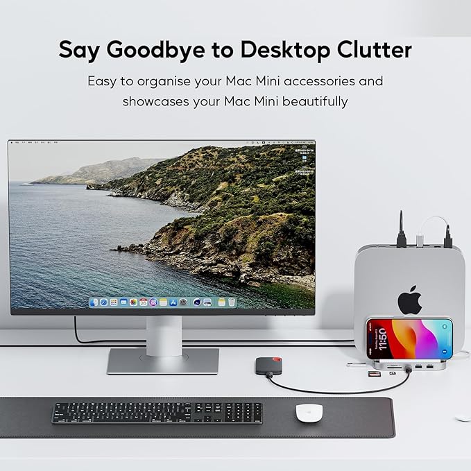 Mac mini Hub M1 M2 with M.2 SSD Enclosure (NOT for M4 2024) 8-in-1 Vertical Mac mini Dock Stand with USB A/C 3.2 10Gbps 2 x USB A 2.0 SD/TF Slots 3.5mm Audio Mic Jack