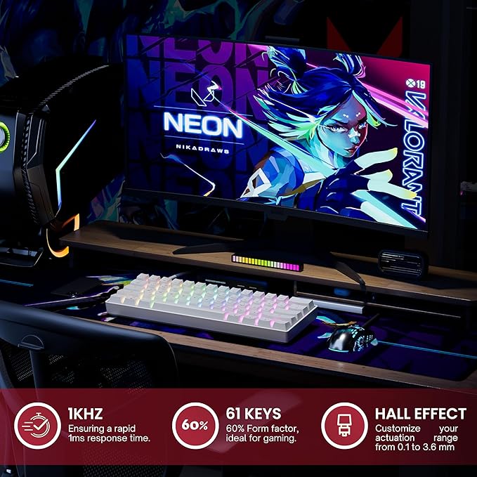 HK GAMING GK61HE 60% | Magnetic Mechanical Gaming Keyboard | Rapid Trigger 0.1mm Step | 61 Keys Multi Color RGB | 1kHz Polling Rate | PC/Mac Gamer | US Layout (White)