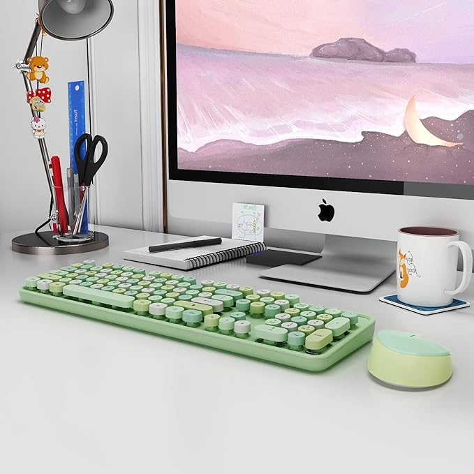 Green Wireless Keyboard and Mouse KOOTOP Cute Green Colorful Keyboard and Mouse 2.4G Wireless Keyboard with Retro Round Keycap for PC Mac LaptopTabletComputer Windows (Green)