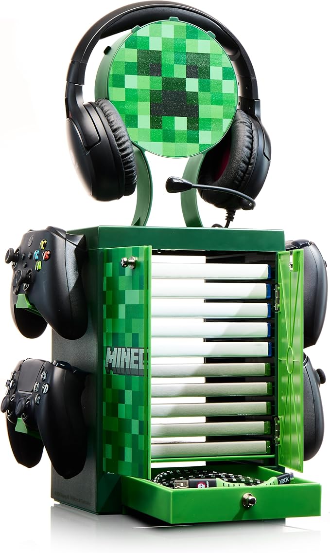 Numskull Official Minecraft Gaming Accessory Locker &amp Storage Stand – Holds 10 Games/DVDs 4 Controllers Headset and Accessories – Durable &amp Compact Organizer – Official Minecraft Merchandis
