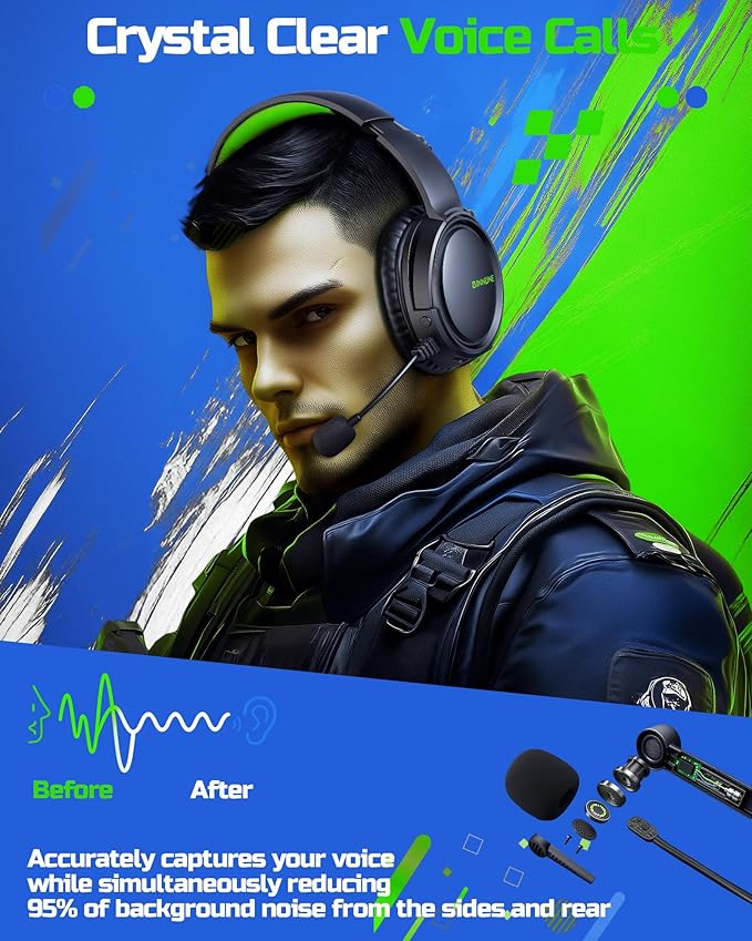 BINNUNE Wireless Gaming Headset — 2.4GHz Low-Latency USB Dongle + Bluetooth 50mm Drivers 7.1 Surround Noise-Cancelling Mic 40H Battery — Over Ear Wireless Headphones for PS5 PC Laptop Green