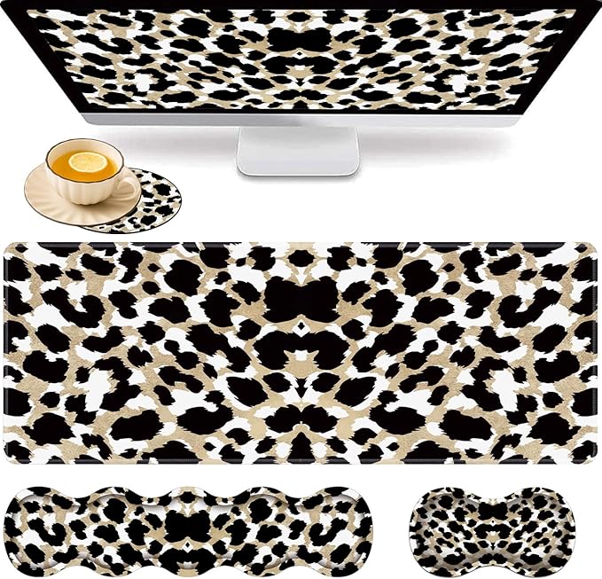 Gaming Mouse Pad Set Large Gaming Mouse Pad+Keyboard Wrist Rest+Mouse Wrist Rest+Coaster Easy Typing Pain Relief 31.5 × 11.8 inch Desk Mat for Home Office Cute Leopard Print