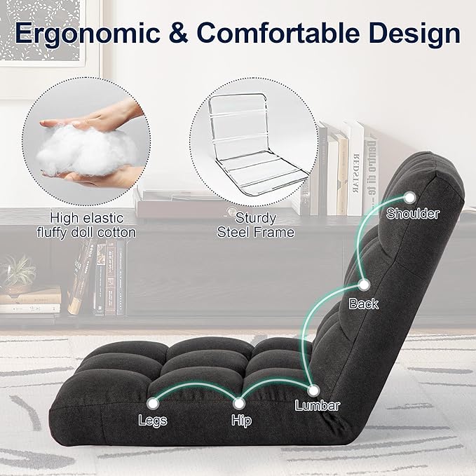 Folding Floor Chair with Back Support Adjust Lay Flat Recliner Oversized Lounge Wide Lazy Boy Gaming Ergonomic Single Sofa Seat for Living Room Bedroom(Black)