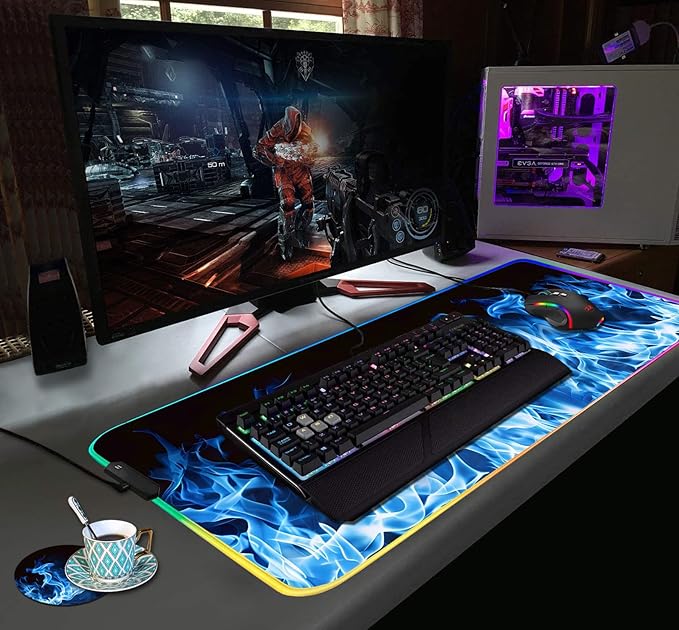 RGB Gaming Mouse Pad with Coffee Coaster XXL Large Glowing LED Mousepad Anti-Slip Rubber Base Computer Keyboard Desk Mouse Mat 31.5 X 11.8 Inch - Blue Flame