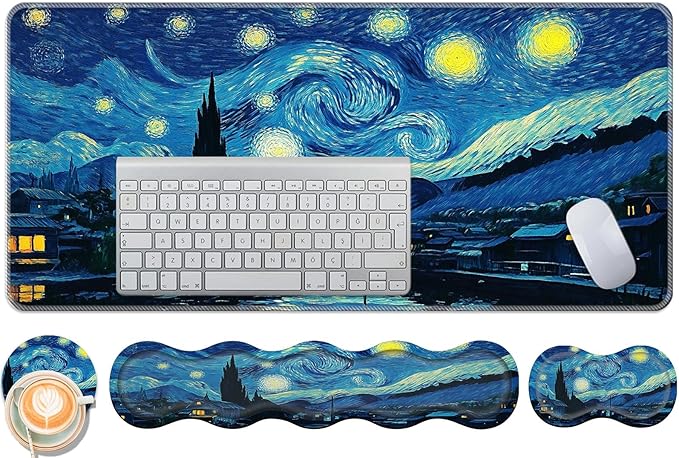 Keyboard Wrist Rest and Mouse Pad Set31.5x11.8 Inches Desk MatWaterproof Non-Slip Ergonomic Wrist Support for Pain ReliefExtended Desk Protector for Office Home GamingStarry Night Sky Art