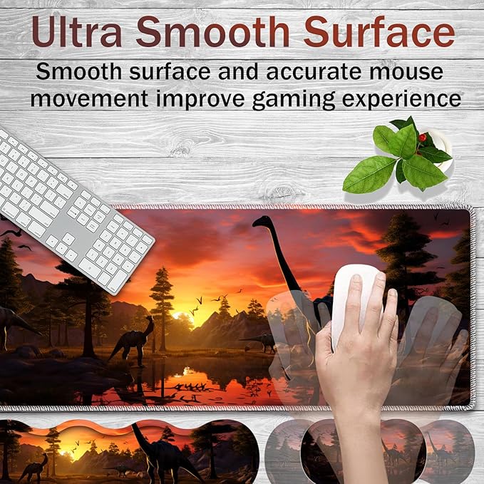 Gaming Mouse Pad Set Large Gaming Mouse Pad+Keyboard Wrist Rest+Mouse Wrist Rest+Coaster Easy Typing Pain Relief 31.5 × 11.8 inch Desk Mat for Home Office - Dinosaur Forest at Sunset