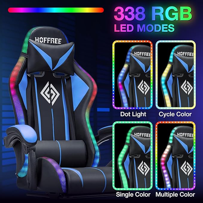 HOFFREE Gaming Chair with LED RGB Lights with Massage and Footrest Ergonomic Computer Chair High Back Video Game Chair with Adjustable Lumbar Support Linkage Armrest Blue and Black