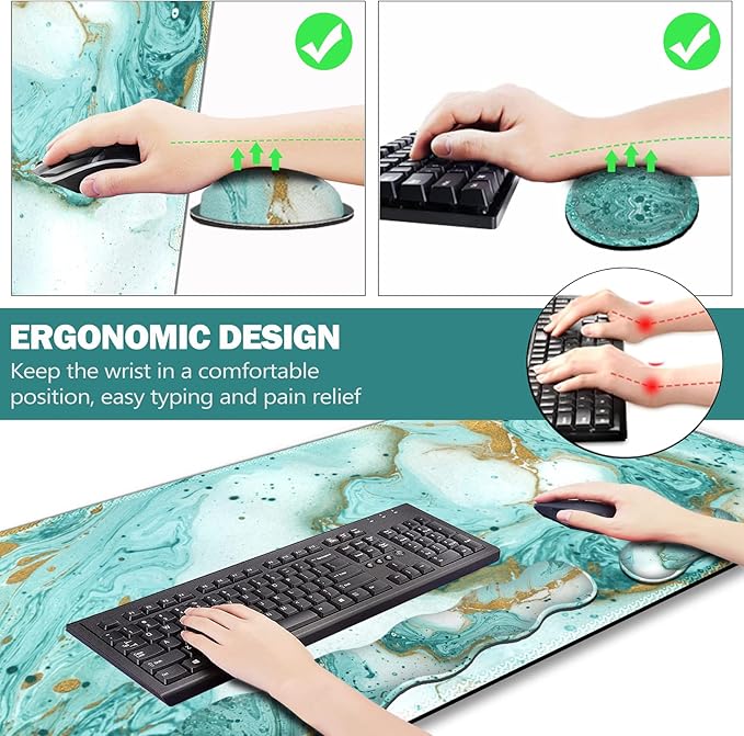 Upgraded Large Gaming Mouse Pad Keyboard Wrist Rest Pad Wrist Support Mousepad Set Artso Rubber Base Stitched Edges Multifunctional Desk Pad (35 x15.5 in) for Office Home Teal Turqoise Marble