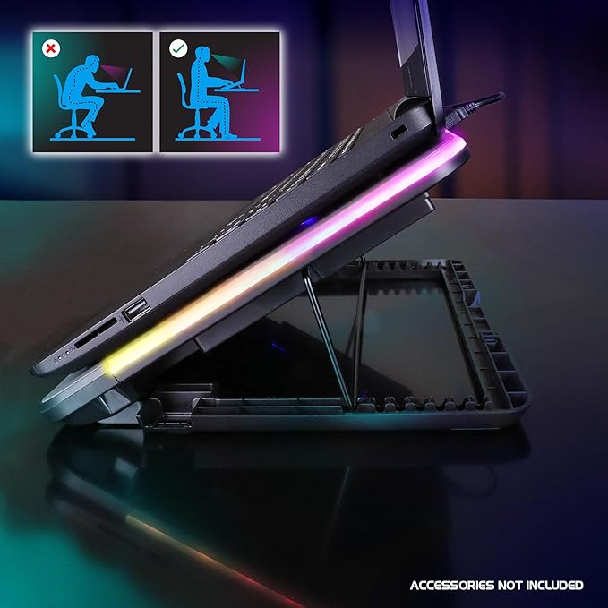 ENHANCE Gaming Voltaic 2 Laptop Cooling Stand - Laptop Cooling Pad with 6 Blue LED Fans 7 Height Settings RGB Lighting - Metal Top Cooler Pad with Phone Stand 2 USB Ports for up to 17 inches