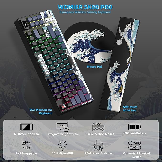 Womier 75% Wireless Mechanical Keyboard with Color Multimedia Screen Anime Gaming Creamy Keyboard 3-Modes Hot Swappable Kanagawa Theme Key Board w/Wrist Rest Gasket RGB Custom for Mac/Win (SK80 PRO)