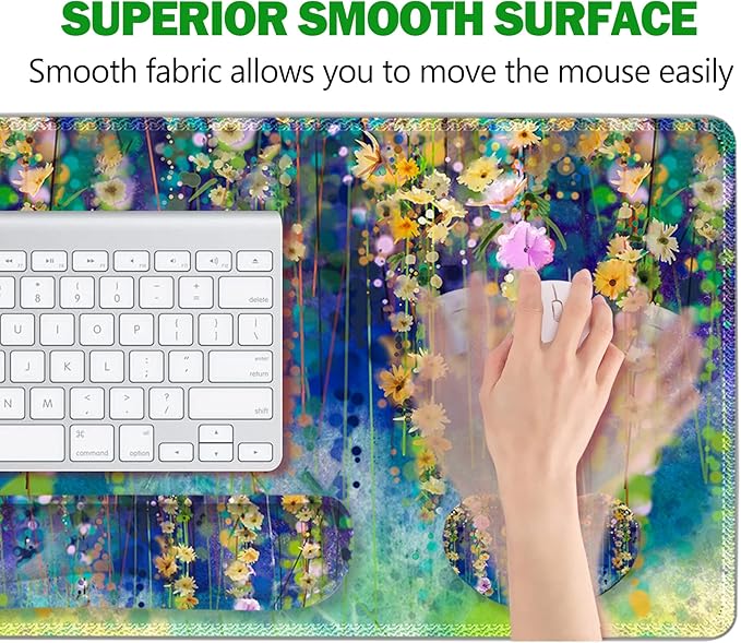 ARTSO Large Gaming Mouse Pad Set Keyboard Wrist Rest Support + Mouse Wrist Cushion + Extended Mousepad + Coaster 35x15.5in Multifunctional Desk Mat 4pcs Oil Painting Flowers