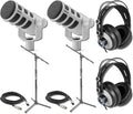 Rode PodMic Cardioid Dynamic Broadcast Microphone (White Pair) with 2X On-Stage MS7701B Boom Microphone Stands 2X Monitoring Headphones and 2X XLR Cables