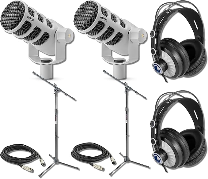 Rode PodMic Cardioid Dynamic Broadcast Microphone (White Pair) with 2X On-Stage MS7701B Boom Microphone Stands 2X Monitoring Headphones and 2X XLR Cables