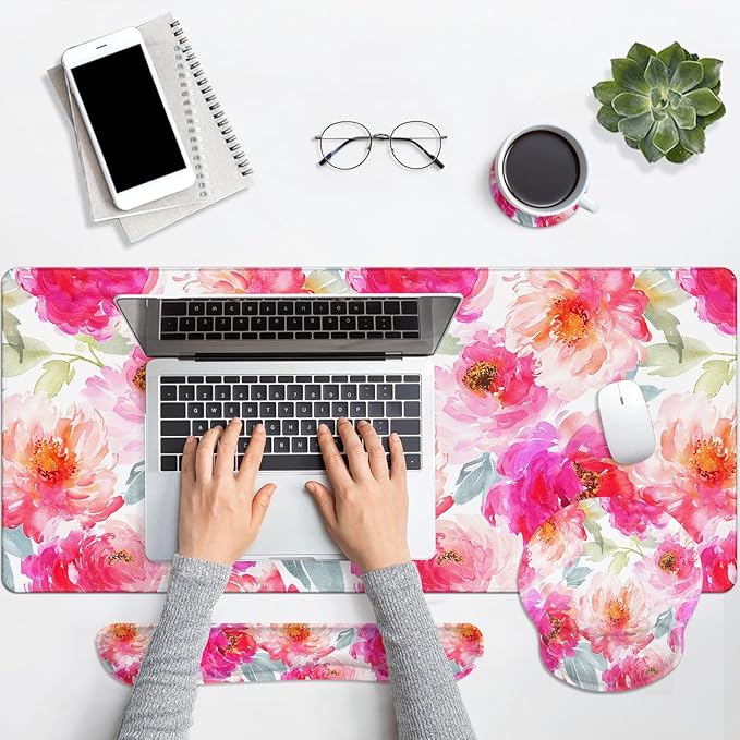 Arttown Flower Floral Pink Desk Mat Peony Spring Summer Mouse Pad Set 4-in-1 Large Mousepad+Keyboard Wrist Rest+Mouse Wrist Rest+Coaster with Ergonomic Design Non-Slip Mat