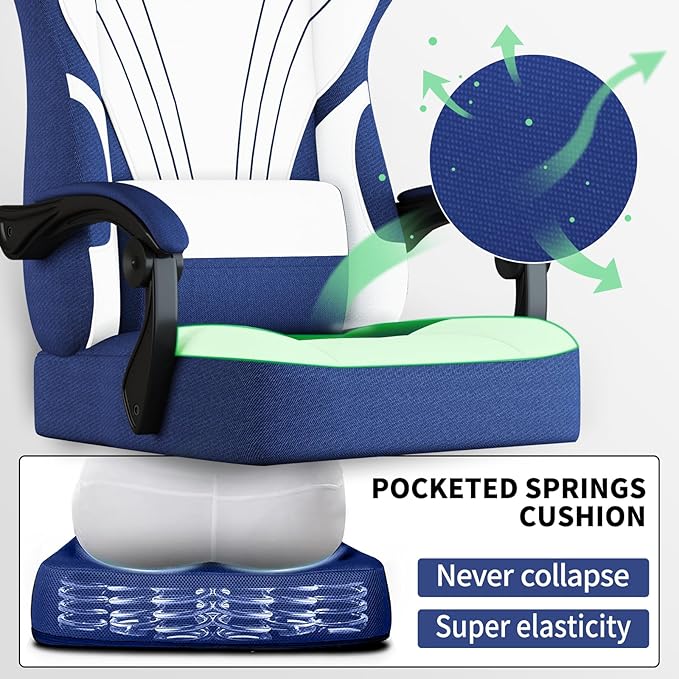 Gaming Chair with FootrestFabric Computer Chair with Pocket Spring CushionHigh Back Comfortable Ergonomic Office Chairs with Lumbar SupportHeight Adjustable Gamer Chair for AdultsBlue