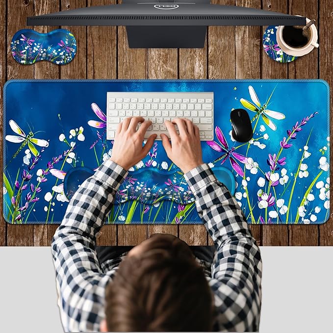 Ergonomic Keyboard Wrist Rest &amp Mouse Pad Wrist Rest SetXL Gaming Desk Mat 31.5x 11.8Non-Slip BaseMemory FoamEasy Typing Pain Relief for Office &amp HomeDragonflies Over Flower Field