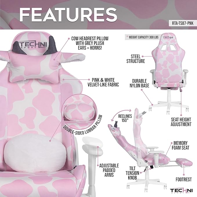 Techni Sport Gaming Chair - Pink Cow Print - Ergonomic Computer Chair with Fold-Away Footrest Memory Foam Lumbar Support Adjustable Armrests Reclining Back Horns &amp Ears Pillow 300 lbs Capaci