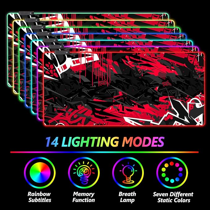 AIMSA Large RGB Gaming Mouse Pad Keyboard Mousepad Led Extended 35.4 x 15.8 inch Non-Slip Rubber Base with 14 Lighting Modes Big Desk Mat Waterproof Red Black