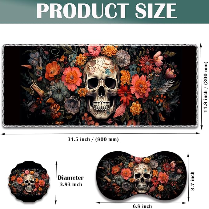 Large Game Mouse Pad + Wrist Support Pad + Coffee Coaster Desk Pad with Sewn Edges Anti-Slip Set pad Suitable for Office Work and Home - Skeleton Flower Skull