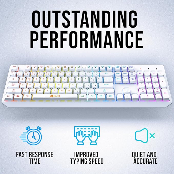 KLIM Chroma White Wireless Keyboard – RGB Backlit Rechargeable Battery Wireless Keyboard with Water-Resistant Durable Design Compatible with PC Mac PS4 PS5