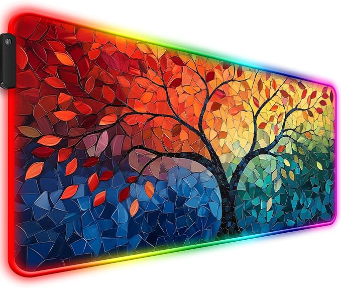 RGB Fantasy Tree of Life Gaming Desk Mat Computer Keyboard Large Extended Long Abstract LED Mouse Pad for Office and Home XL (W04)