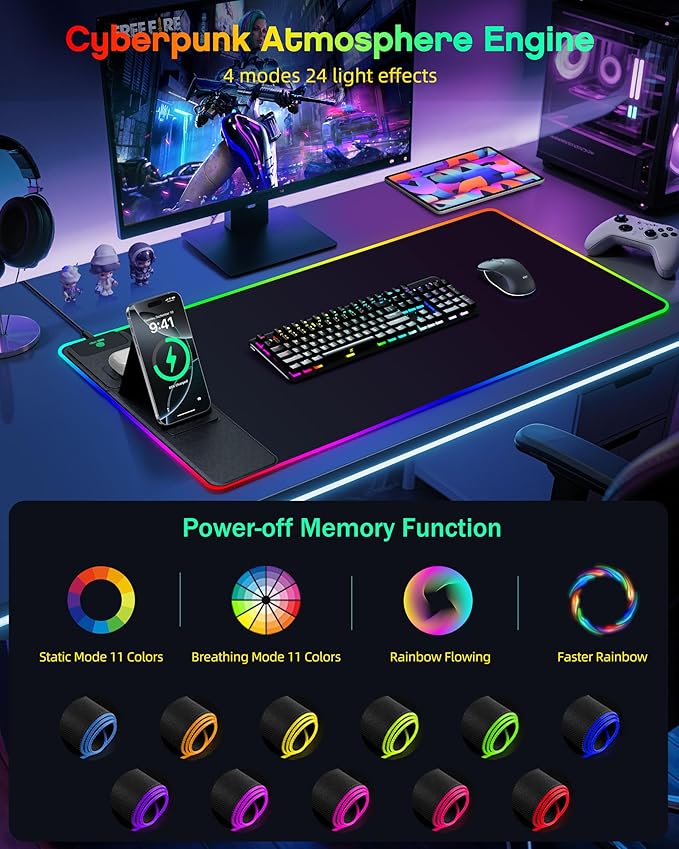 4-in-1 RGB Gaming Mouse Pad with Wireless Charging &amp Phone Stand 31.5x15.8 Large 24 Light Effects Non-Slip Base Waterproof Ultra-Smooth Surface with Adatper