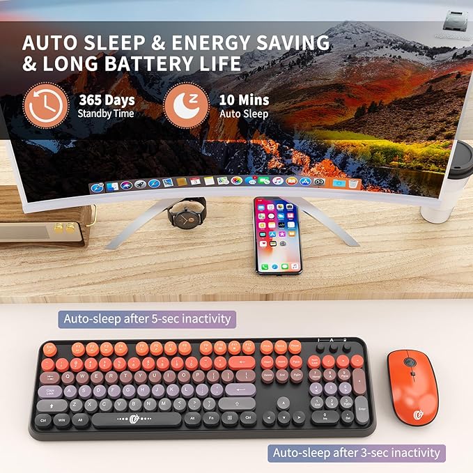 FOPETT Wireless Keyboard and Mouse Combo - 2.4G Full-Sized Cute Colorful Mouse and Keyboard with 104 Round Keys Retro Typewriter Keyboard for Laptop/Windows/PC - Black Orange