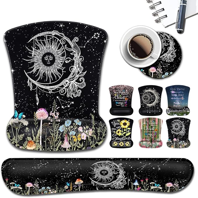 Keyboard Wrist Rest and Mouse Pad with Wrist Support Ergonomic Gel Mouse Pad for Easy Typing Pain Relief Memory Foam Keyboard Wrist RestSun Moon Wildflowers Butterfly Starry Sky Black Mousepads