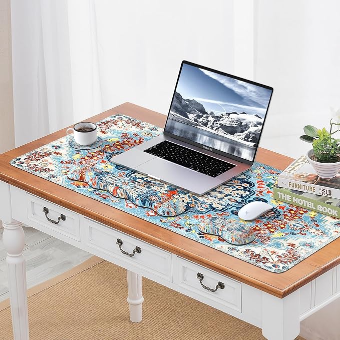 iLeadon Mouse Pad Set Desk Mat + Mouse Pad with Wrist Rest + Keyboard Wrist Rest + Coaster 4in1 Large Gaming Mouse Pad Set for Home Office Retro Boho Floral Blue