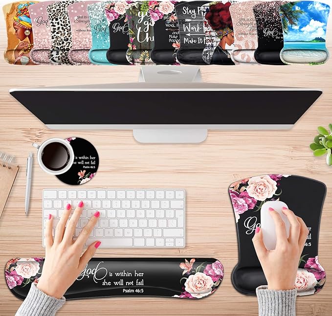 Keyboard Wrist Rest Pad and Ergonomic Mouse Pad Wrist Support Set Psalm 46:5 God is Within Her She Will Not Fall Peony Flower for Gaming  Office Comfortable and Pain Relief with Coaster Set
