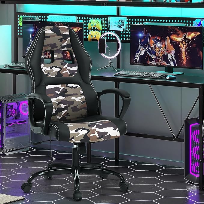 High-Back Racing Gaming Chair with Massage Lumbar Support - Ergonomic Adjustable Swivel - Black PU Leather - Perfect for Home Office or Gaming (Camo)