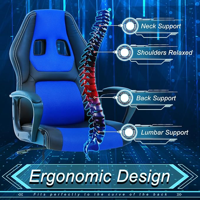 Silla Gamer Ergonomic Massage Gaming Chair - Blue Leather Desk Chair for Adults and Kids