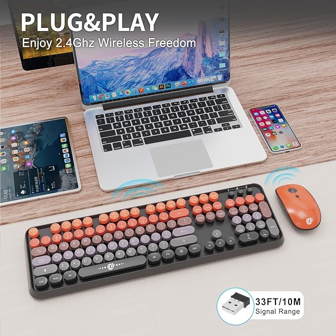 FOPETT Wireless Keyboard and Mouse Combo - 2.4G Full-Sized Cute Colorful Mouse and Keyboard with 104 Round Keys Retro Typewriter Keyboard for Laptop/Windows/PC - Black Orange