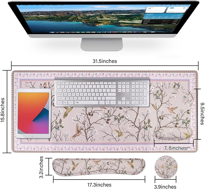 MEGREZ 4-in-1 Ergonomic Memory Foam Wrist Rest Set Desk Pad Mouse Pad with Wrist Rest Keyboard Pad Suitable for Office Workers Programmers &amp Gamers–Relieve Typing &amp Gaming Fatigue Light