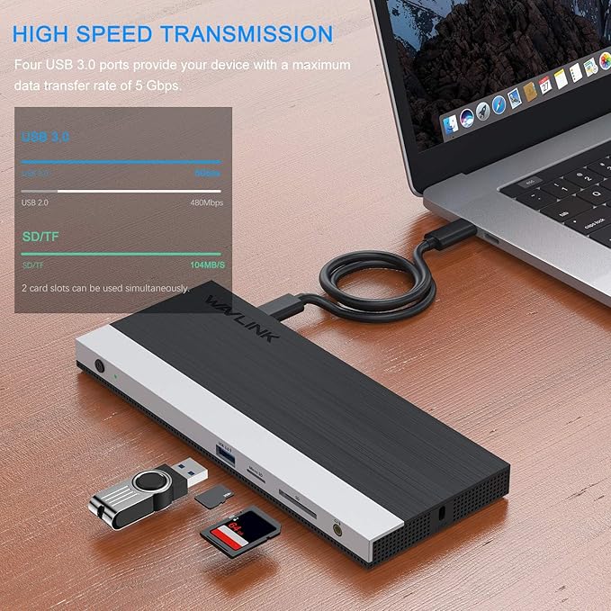 WAVLINK USB C Docking Station13-in-1 Triple Display Type C Adapter for MacBook ProDell XPS 13/15HPLenovo Yoga(2 DisplayPortHDMIEthernet4 USB 3.0SD/TF Card ReaderPhone JackDC Jack)